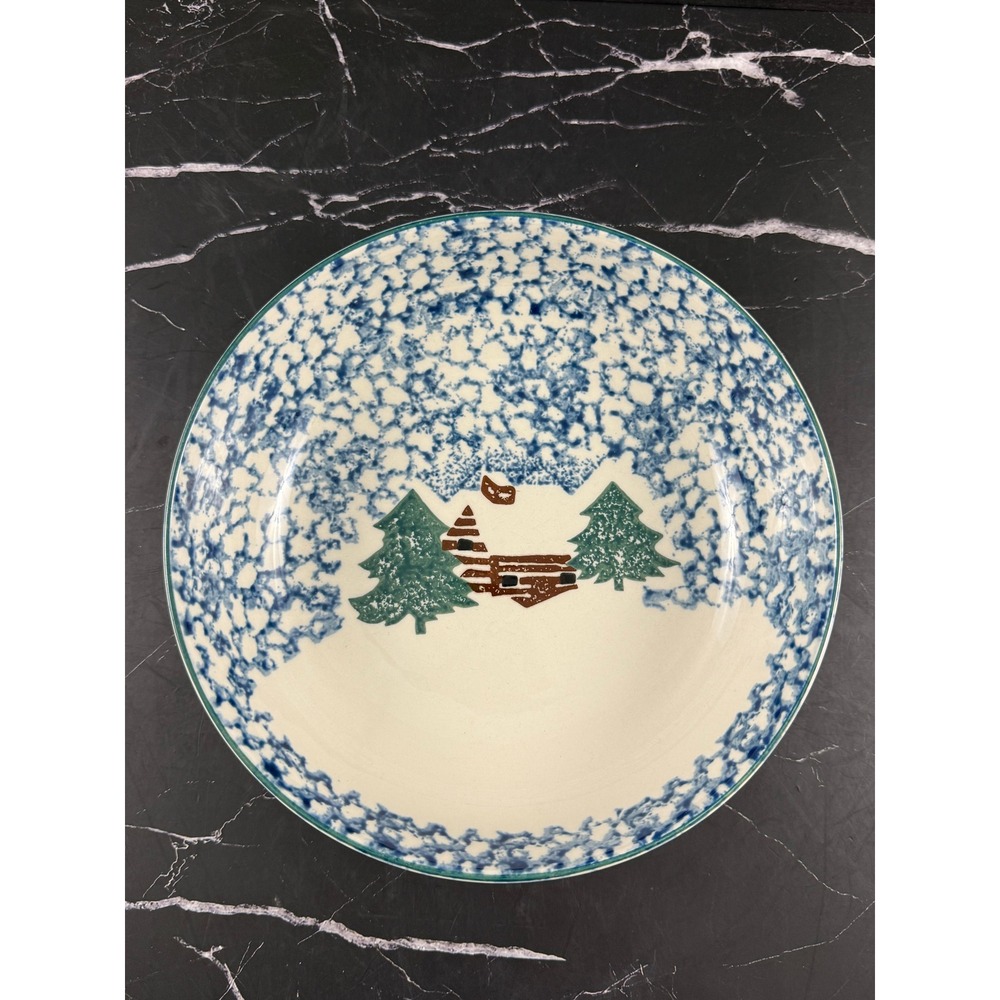 VTG Tienshan Folkcraft Stoneware Serving Bowl Spongeware Cabin in the Snow 9in